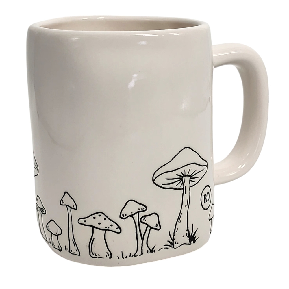 Rae Dunn Double Sided Ceramic Coffee Mug Embossed Mushroom‎ Design Ivory 16oz